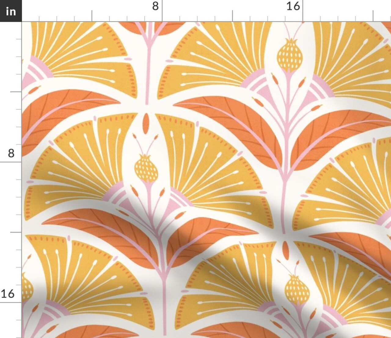 Art Deco Flowers Yellow Orange Pink Large Scale Geometric Scallop Mid Century Bold Custom Printed Fabric by Spoonflower Various Fabrics by the Yard or Fat Quarter